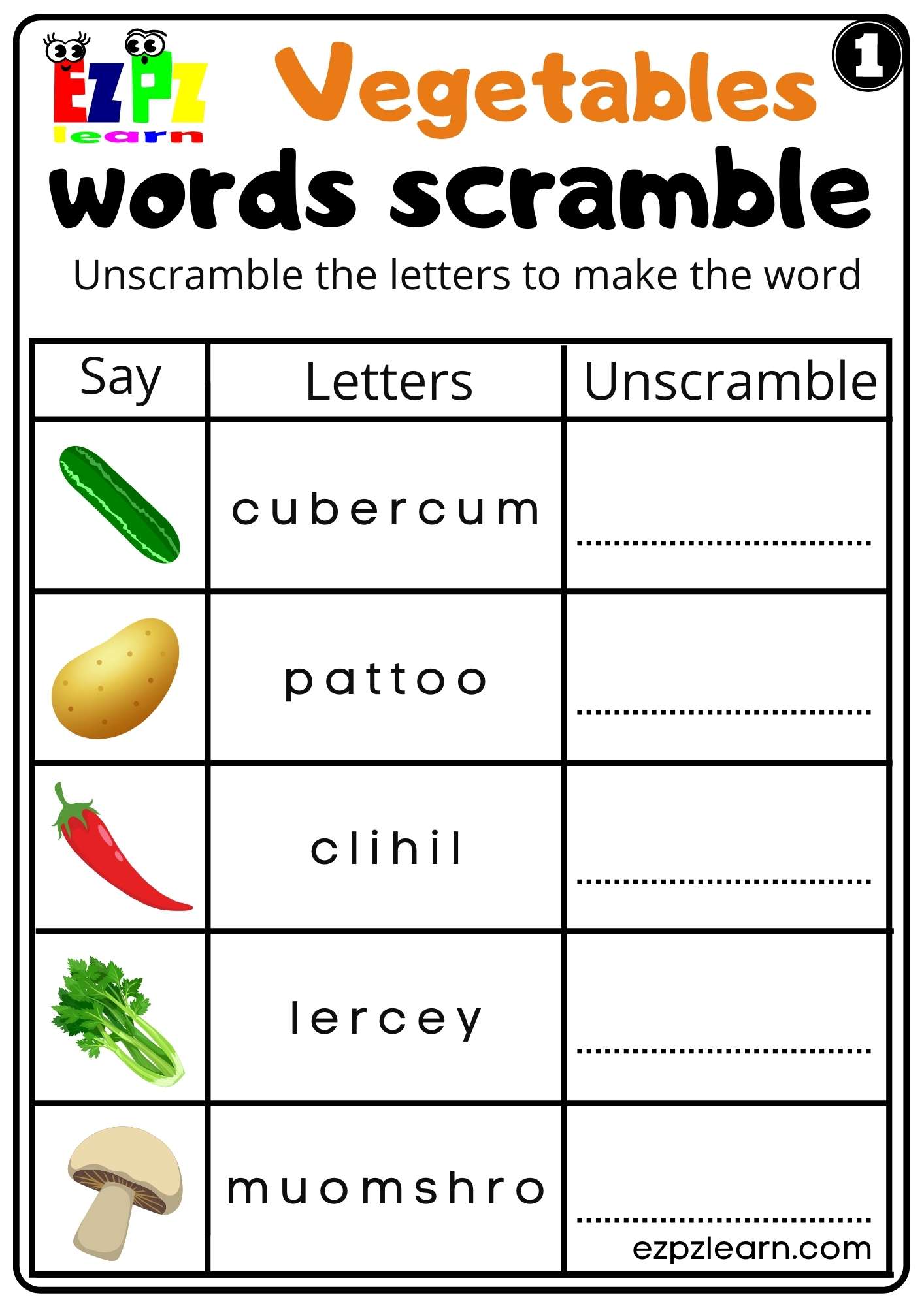 Vegetables Word Scramble Worksheet for ESL Students and K5 Set 1